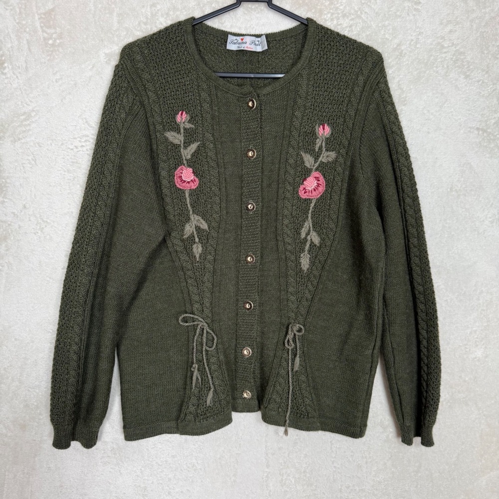 Olive Wool Cardigan Floral Embroidered Button Up Austrian Cozy Vintage Cottage